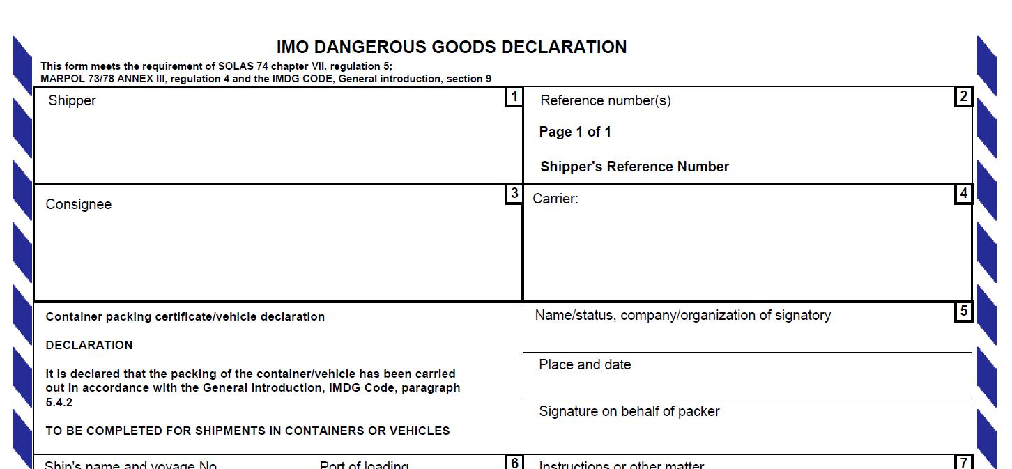 IMO Dangerous Goods Declaration for shipping internationally